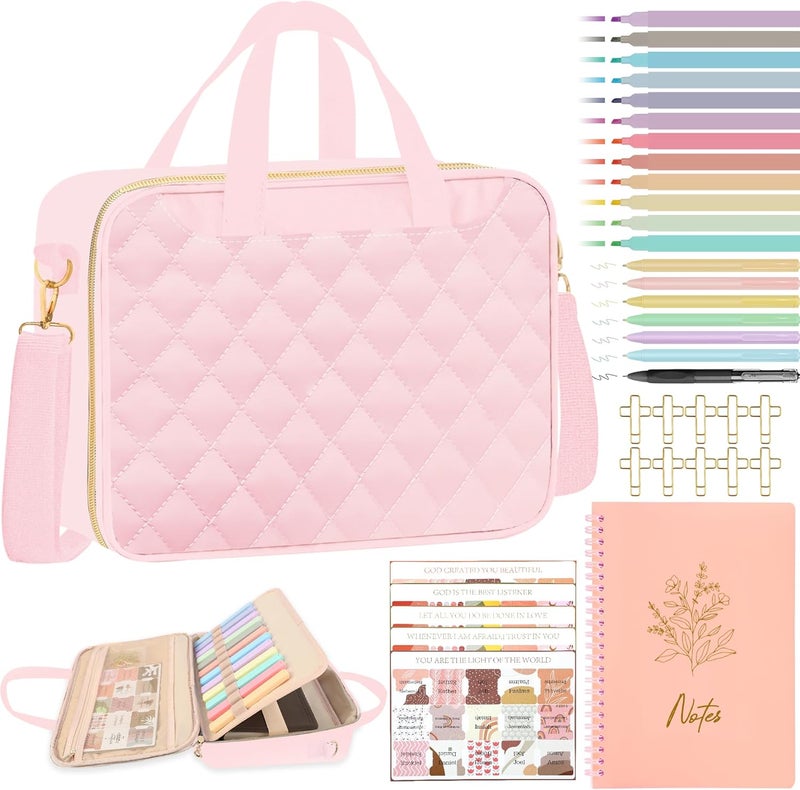 PUGPIU Bible Cover Case for Women, Large Quilted Bible Bag with Shoulder Strap and Handle, Bible Study Supplies Journaling Kit with Highlighters Pens No Bleed Tabs Notebook Cross Clips (Pink) - Image 1